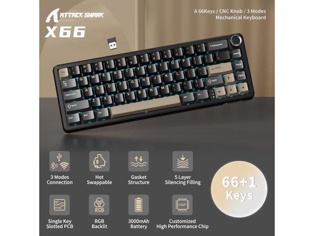 ATTACK SHARK X66 Wireless Mechanical Gaming Keyboard with Knob,Tri Mode USB-C/BT5.0/2.4G Gasket Mounted 60% RGB Gaming Keyboard 66Keys,PBT Keycap,...