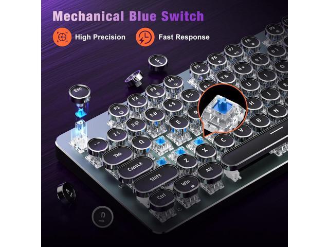 RisoPhy Typewriter Style Mechanical Gaming Keyboard, Metal Panel, Retro Punk Round Keycaps, Clicky Blue Switch, Rainbow LED Backlit, 104 Keys Wired...