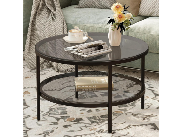 Yusong Round Glass Coffee Tables for Living Room, 2-Tier Circle Coffee Table with Storage, 26' Modern Center Accent Table with Light Black Glass,...