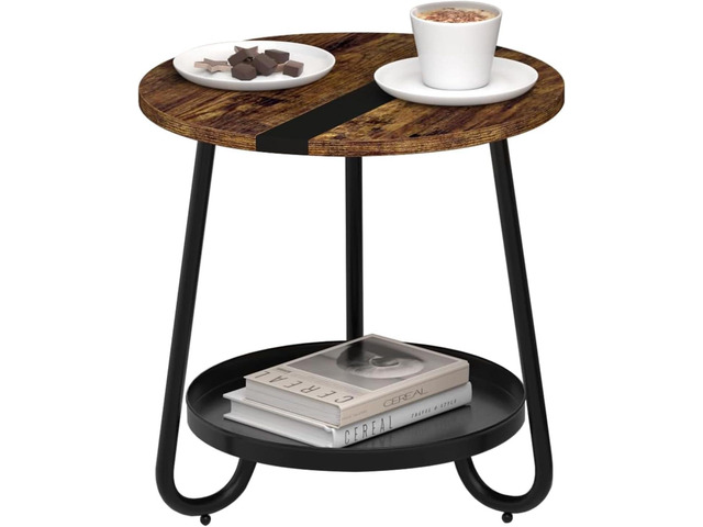 2 Tier Coffee Table in Living Room, Industrial Style Round Coffee Table with Metal Tray, Wood Small Outdoor Coffee Table for Bedroom Balcony Patio,...