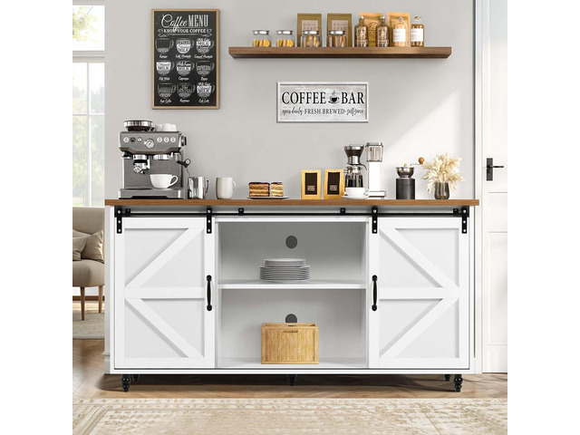 4ever2buy Farmhouse Coffee Bar Cabinet with Storage, 58'' Sideboard Buffet Cabinet with Sliding Barn Door, White Coffee Bar with Gourd Feet,...