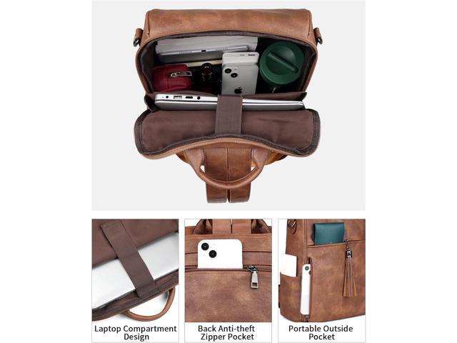 FADEON Leather Laptop Backpack for Women Designer 15.6 inch PU Laptop Bag, Ladies Travel Computer Work Backpack Brown