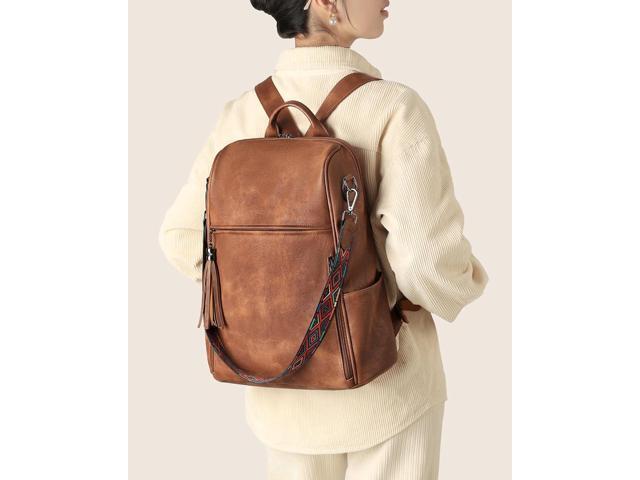 FADEON Leather Laptop Backpack for Women Designer 15.6 inch PU Laptop Bag, Ladies Travel Computer Work Backpack Brown