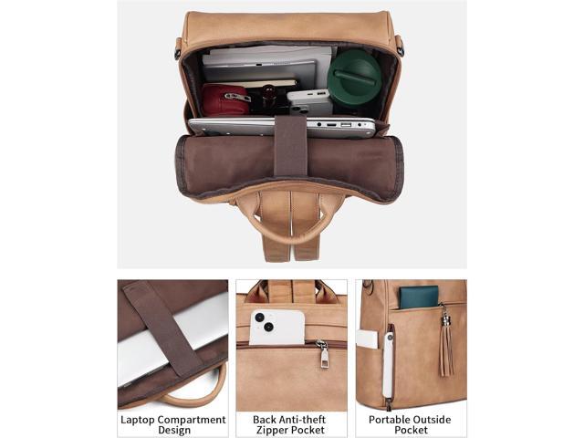 FADEON Leather Laptop Backpack for Women Designer 15.6 inch PU Laptop Bag, Ladies Travel Computer Work Backpack Camel Brown