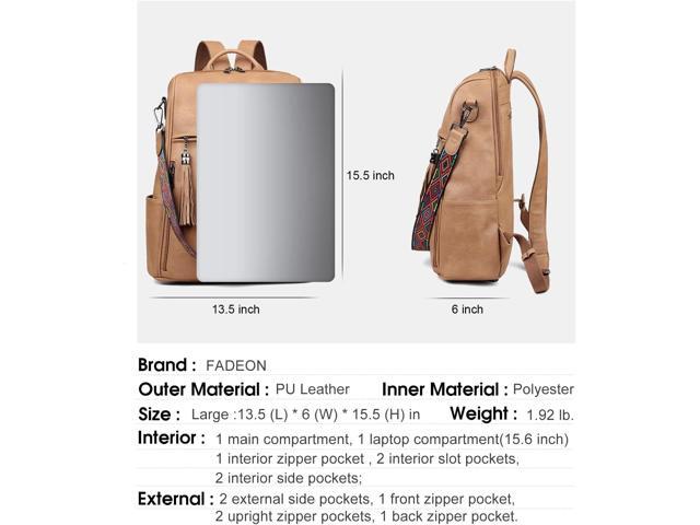 FADEON Leather Laptop Backpack for Women Designer 15.6 inch PU Laptop Bag, Ladies Travel Computer Work Backpack Camel Brown