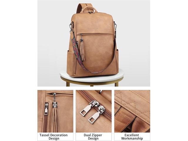 FADEON Leather Laptop Backpack for Women Designer 15.6 inch PU Laptop Bag, Ladies Travel Computer Work Backpack Camel Brown