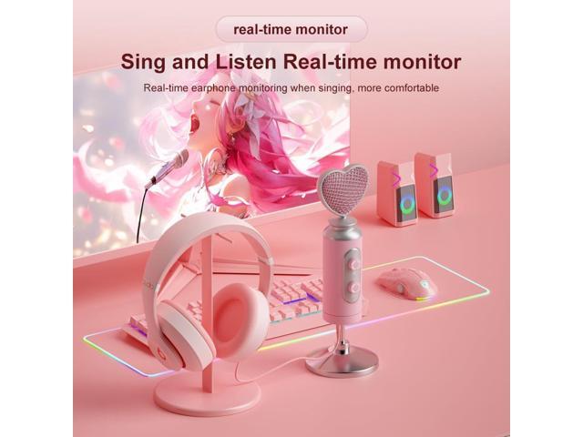 Pink USB Gaming Condenser Microphone for PC, Plug and Play, one Click Mute, Gain Control Cute Heart-Shaped Desktop Mic, for Twitch/YouTube/TikTok...