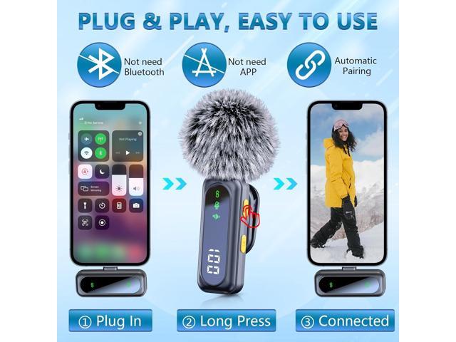 Wireless Mini Microphone for iPhone 15 16, iPad, Android, 2 Pack LED Display Lavalier Microphones with Noise Reduction, Lapel Microphone Mini Mics...
