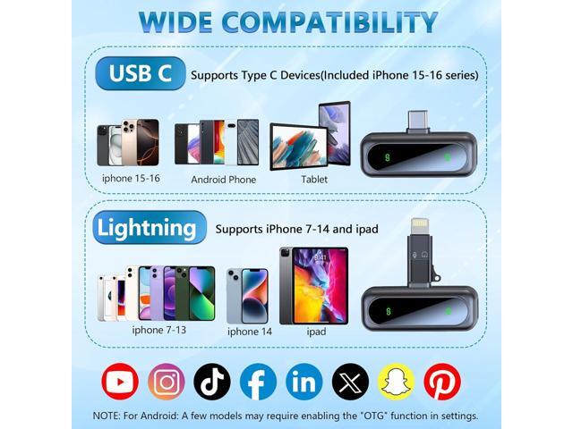 Wireless Mini Microphone for iPhone 15 16, iPad, Android, 2 Pack LED Display Lavalier Microphones with Noise Reduction, Lapel Microphone Mini Mics...