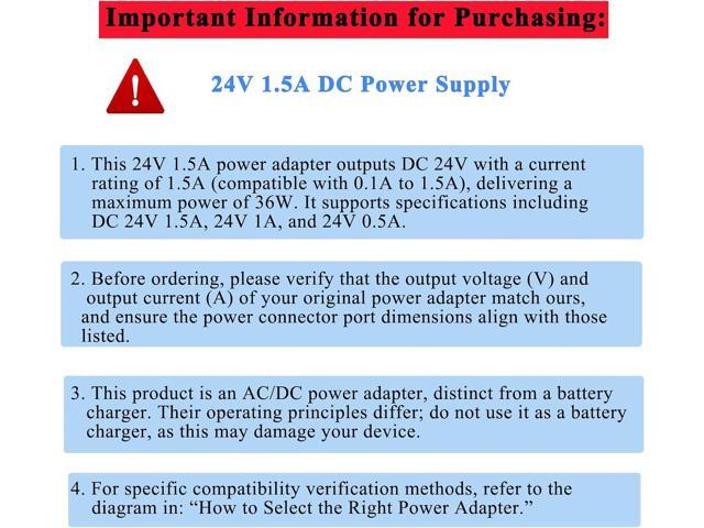 TKDY 24V 1.5A DC Power Supply Cord, Input AC 100-240V to Output DC 24 Volts Power Adapter, Compatible with 24Vdc 1.5A 1A 0.5A 500mA Led Strip Light...