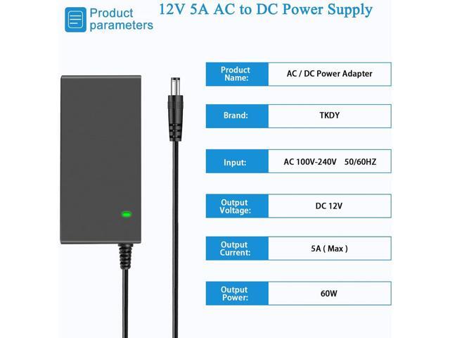 TKDY 12V 5A Monitor Power Supply Cord, 12 Volts 5A 4A 3A AC DC Adapter, Compatible with 12Vdc LCD Monitor, DC12V CCTV Security Cameras, 12Volts LED...
