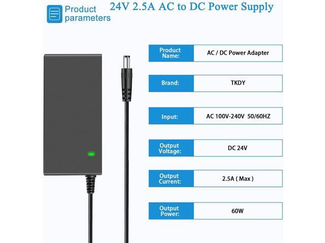 TKDY 24V 2.5A Power Supply Cord AC 100-240V to Output 24Volt DC Power Adapter, Compatible with 24Vdc 2A 1.5A 0.1A-2.5A Led Strip Lights LCD Monirot...
