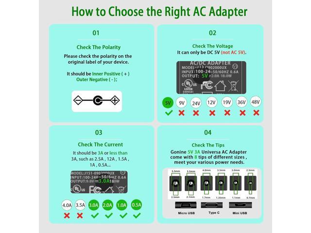 5V 3A DC Power Supply, 5 Volts 2A 1.5A 1A AC Power Adapter Charger, fit for 5Vdc Record Player Baby Monitor Bluetooth Speaker Power Cord.