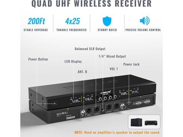 Phenyx Pro Wireless Microphone System, Metal Wireless Mic Set with 4 Cordless Mics, 4x25 UHF Adjustable Frequencies, 200ft Range, Dynamic...