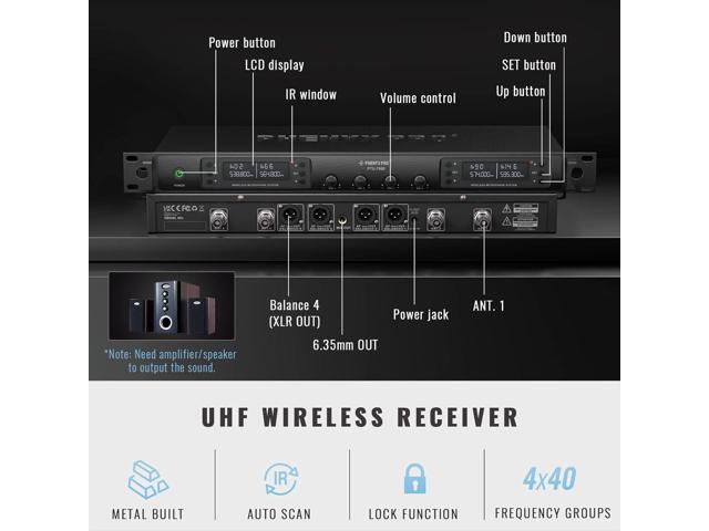 Phenyx Pro Wireless Microphone System, Quad Channel Wireless Mic, w/ 4x40 UHF Frequencies, Auto Scan, 328ft Long Range, 4 Handheld Dynamic...