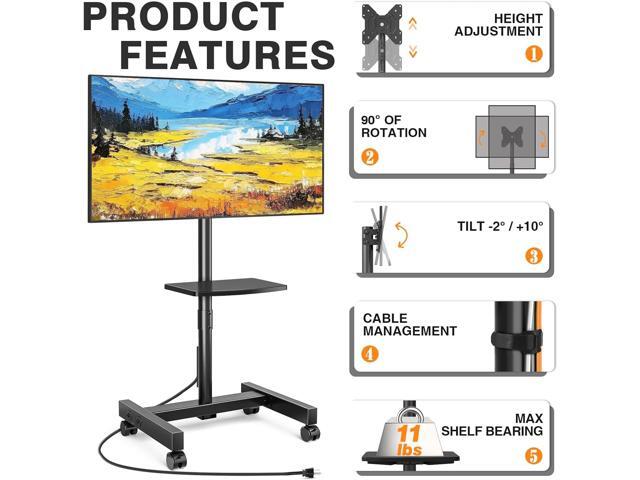 TVON Rolling TV Stand with Mount with Power Outlet for Most 13-50 inch TVs/Screen up to 55 lbs, Height Adjustable TV Floor Stand with Tilting and...