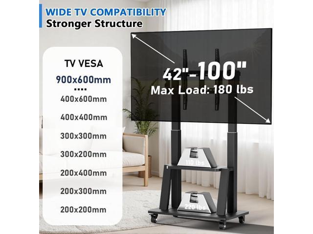 Mobile TV Cart Rolling TV Stand for 42 to 55 65 70 75 85 86 90 100 inch Television Heavy Duty Portable TV Stand on Wheels, Height Adjustment, Holds...