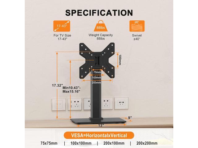 Universal Swivel TV Stand Base Table Top TV Stand for 17-43 Inch TVs Height Adjustable Monitor Mount Stand, Holds up to 88lbs, Max VESA 200x200mm,...