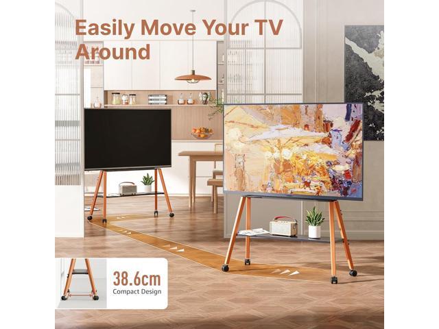 Rolling TV Stand for 49 to 75 Inch TV up to 40 kg, Easel TV Stand with Metal Structure and Wooden Shelf, Moveable TV Cart on Wheels for Office,...