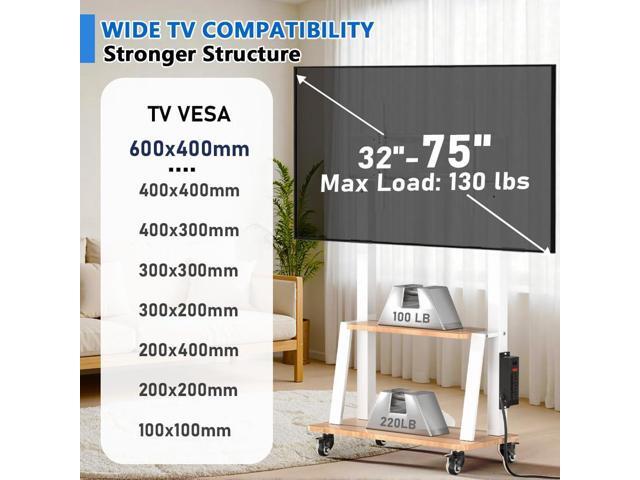Mobile TV Stand with Power Outlet, Wood Shelf Portable TV Stand on Wheels for 32 to 55 65 70 75 inch Television, Height Adjustable White TV Cart,...
