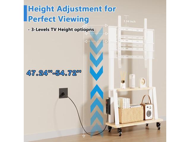Mobile TV Stand with Power Outlet, Wood Shelf Portable TV Stand on Wheels for 32 to 55 65 70 75 inch Television, Height Adjustable White TV Cart,...
