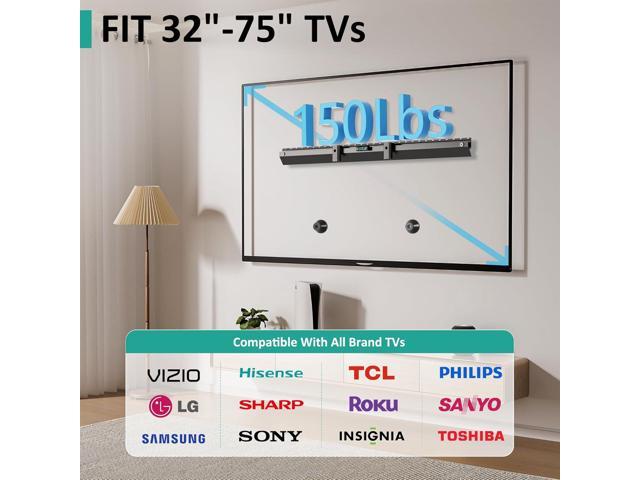No Stud TV Wall Mount Bracket for 32-75 inch TVs, Sturdy No Drill Drywall TV Mount Up to 150 Lbs, Slim Studless TVs Wall Mount with Max Vesa...