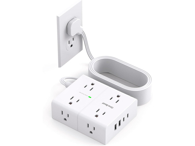 10Ft Extension Cord with Multiple Outlets, Flat Plug Surge Protector Power Strip 10 Ft Long Cord, 8 Outlets & 4 USB Ports (2 USB C), 900J Desk...
