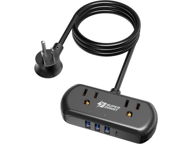 2Ft Extension Cord, SUPERDANNY Mini Surge Protector with 2 Wide-Spaced Outlets, USB Power Strip, 3 USB-A 1 USB-C, Flat Plug, Compact Size Desktop...
