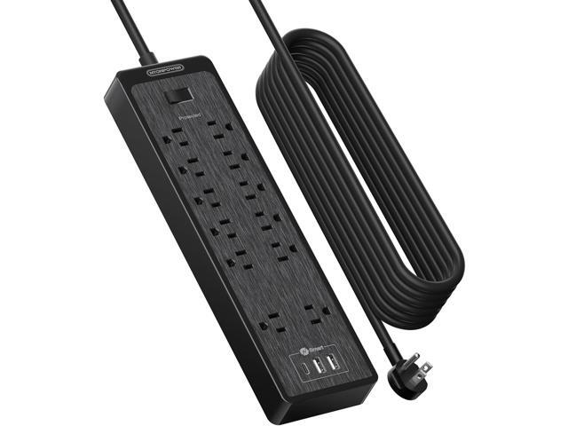 NTONPOWER Flat Plug Extension Cord 25 Ft, Surge Protector Power Strip with 12 Outlets(2 Widely Space) 3 USB, Overload Protection Switch, 2100...