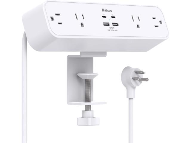 PD30W Desk Clamp Power Strip, Desktop Mount Surge Protector, Fast Charging Station, 5Ft Extension Cord Desk Edge Mount Shelf with 4 Outlets 4 USB...