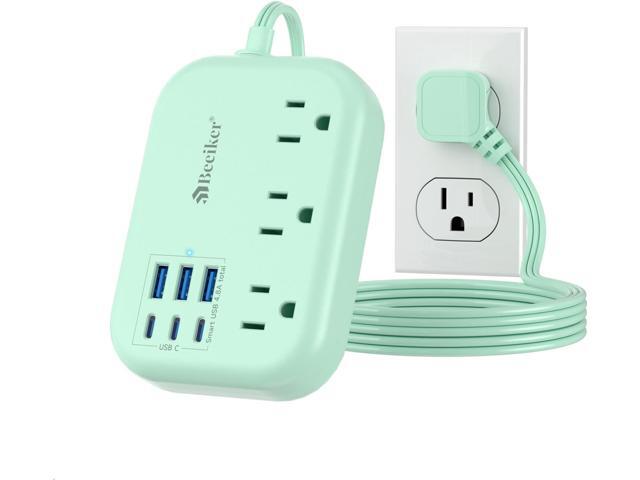 6 USB(3 USB C) Green Travel Power Strip- 5Ft Green Extension Cord with 6 USB Charging Station 24W and 3 Outlets, Cute Desk Accessories for Cruise...
