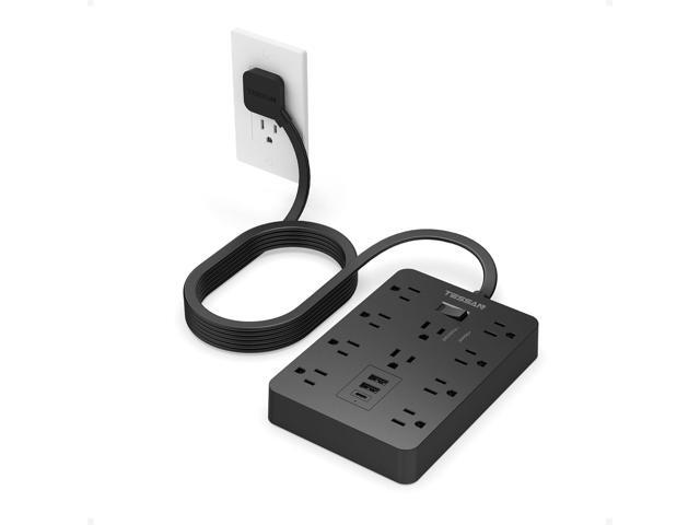 Surge Protector Power Strip Black, TESSAN Flat Plug Extension Cord 10 FT with 10 Widely AC Outlets 3 USB(1 USB C), 1700J Protection Multi Plug...