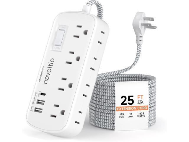 Extension Cord 25 FT Multiple Outlets - Surge Protector Power Strip 8 AC Outlets 3 USB (3.4A 17W) 1080 Joules Flat Long Braided Cord Wall Mountable...