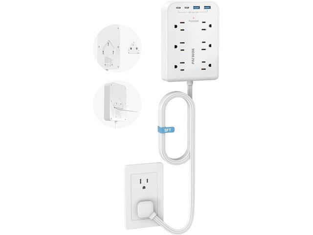 5 FT Flat Plug Extension with 4 USB(2 USB C), 6 AC Outlets Multiple Plug Expander Wall Charger, Ultra Thin Extension Cord, Power Strip Surge...