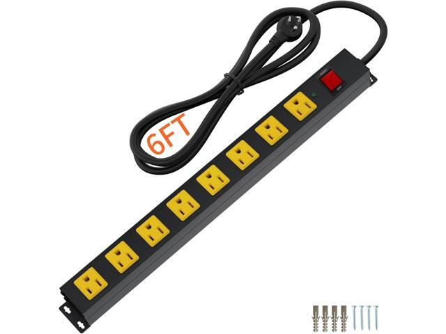 Heavy Duty Surge Protector 8 Outlet Long Power Strip Extension Cord Wide Spaced and Wall Mount Metal Powerstrip for Home Office Workshop Garage (6FT)