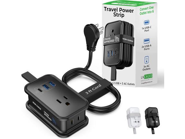 Travel Charger for Multiple Devices, Flat Plug Power Strip 3ft Adapter Extension Cord, 3 AC Outlets, 2 USB & 1 Fast Charging USB-C, No Surge Cruise...