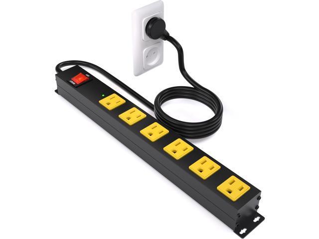 Heavy Duty 6 Outlet Metal Long Power Strip, 2700J Surge Protector with 15A Circuit Breaker, 6FT Extension Cord, Wall Mount for Garage, Workshop &...