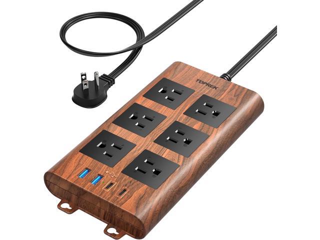 TOPREK Surge Protector Power Strip (2100J), 6 Widely-Spaced Outlets with 2 USB-C & 2 USB-A, 6.5 FT Extension Cord with Ultra-Thin Flat Plug, Wood...