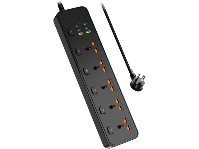 Universal Power Strip with USB Ports, Individual Swtich, 6ft Power Cord, 5 Universal AC Outlets, 4USB C and 2USB (5V/4.2A), Max 3000w, 110-240V,...
