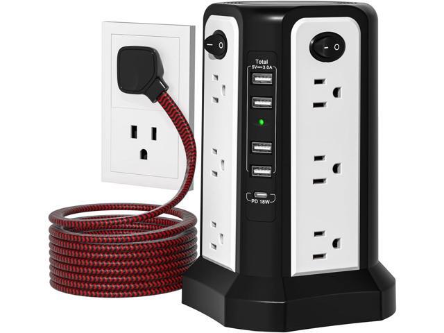 10FT Extension Cord with Multiple Outlets Flat Plug Braided Cord, PASSUS Surge Protector Power Strip with USB C(PD18W) Port,Tower Outlets with USB...