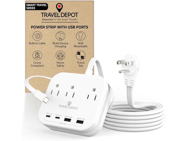 Cruise Essentials Flat Plug Power Strip, Durable 5 ft Extension Cord w/ 3 Outlets Extender & Built-In Type C Cable, 2 USB & 2 USB-C Ports, No Surge...