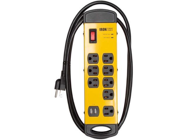 Iron Forge Cable 8 Outlet Heavy Duty Surge Protector Power Strip with Built-in Circuit Breaker, 14/3 SJT Black & Yellow with 6 ft Extension Cord