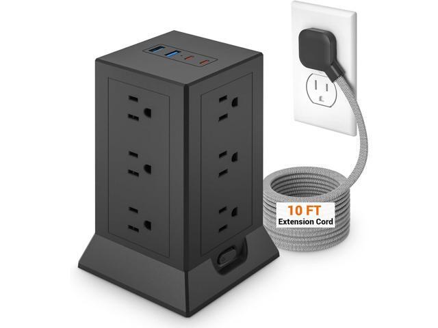 KING-LINK Flat Extension Cord 10 ft, Surge Protector Power Strip Tower with 12 AC Outlets and 4 USB Ports (2 USB C) for Home Office Dorm, Black