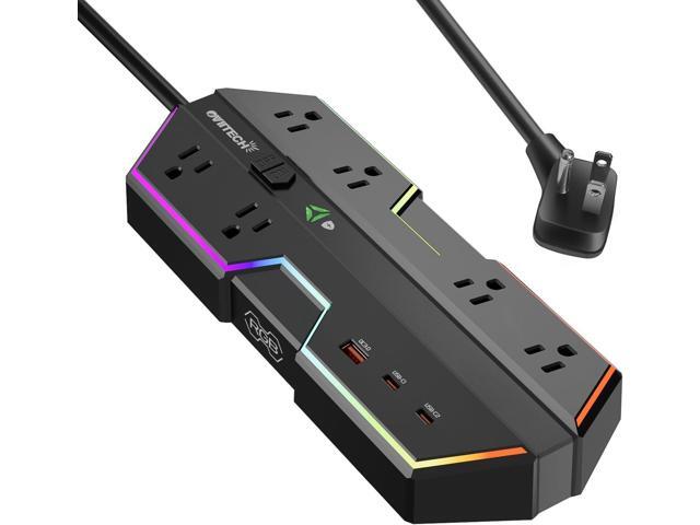 6 Outlet Surge Protector with USB Power Strip (2 USB-C) 6 Ft Extension Cord, with Full Spectrum Color Select,Compatible with Gaming PC,Black (65W)