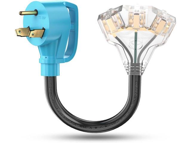 CircleCord 30 Amp to 110V RV/Generator Distribution Adapter Cord, NEMA TT-30P Male to 3X 5-15R/5-20R T-Blade Household Outlet Female with LED Power...