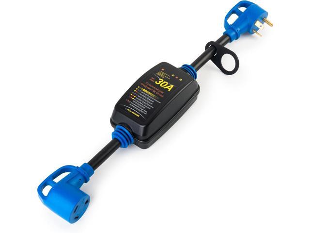 30 Amp RV Surge Protector with Circuit Analyzer, Dual Extension Cord Design, Waterproof & Fireproof Power Guard with LED Indicator and Lock Ring,...