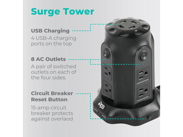 KMC Power Strip Tower with USB Ports (4 USB-A), 8 Outlet Tower, 6ft Long Extension Cord, 1080J Surge Protector Power Strip Tower, Charging Tower,...