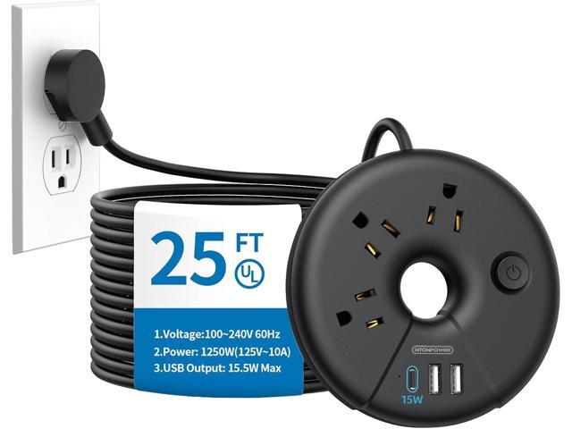Extra Long Extension Cord 25 ft, NTONPOWER Flat Plug Power Strip with 3 Outlets 3 USB Ports(1 USB C), Flat Plug Extension Cord, Extension Cord with...