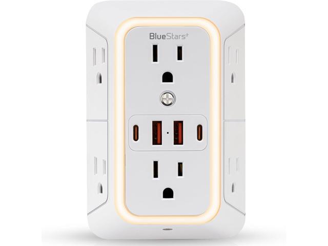 Wall Mount Power Strips Wall Charger 6 Outlet Extender 4 USB Ports (5V, 2.4A, 12W) and Night Light 3-Sided Power Strip with Adapter Spaced Outlets...