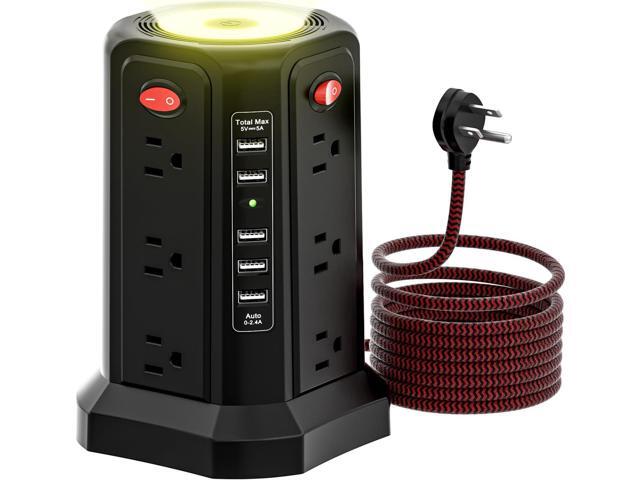 PASSUS Surge Protector Power Strip with 5 USB Ports and Night Light,10FT Braided Extension Cord with 12 AC Multiple Outlets, Power Tower Overload...